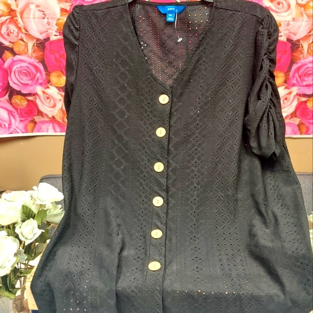APT 9 Womens Black Size PXL NWOT Ruched 3/4 Sleeve Button Up